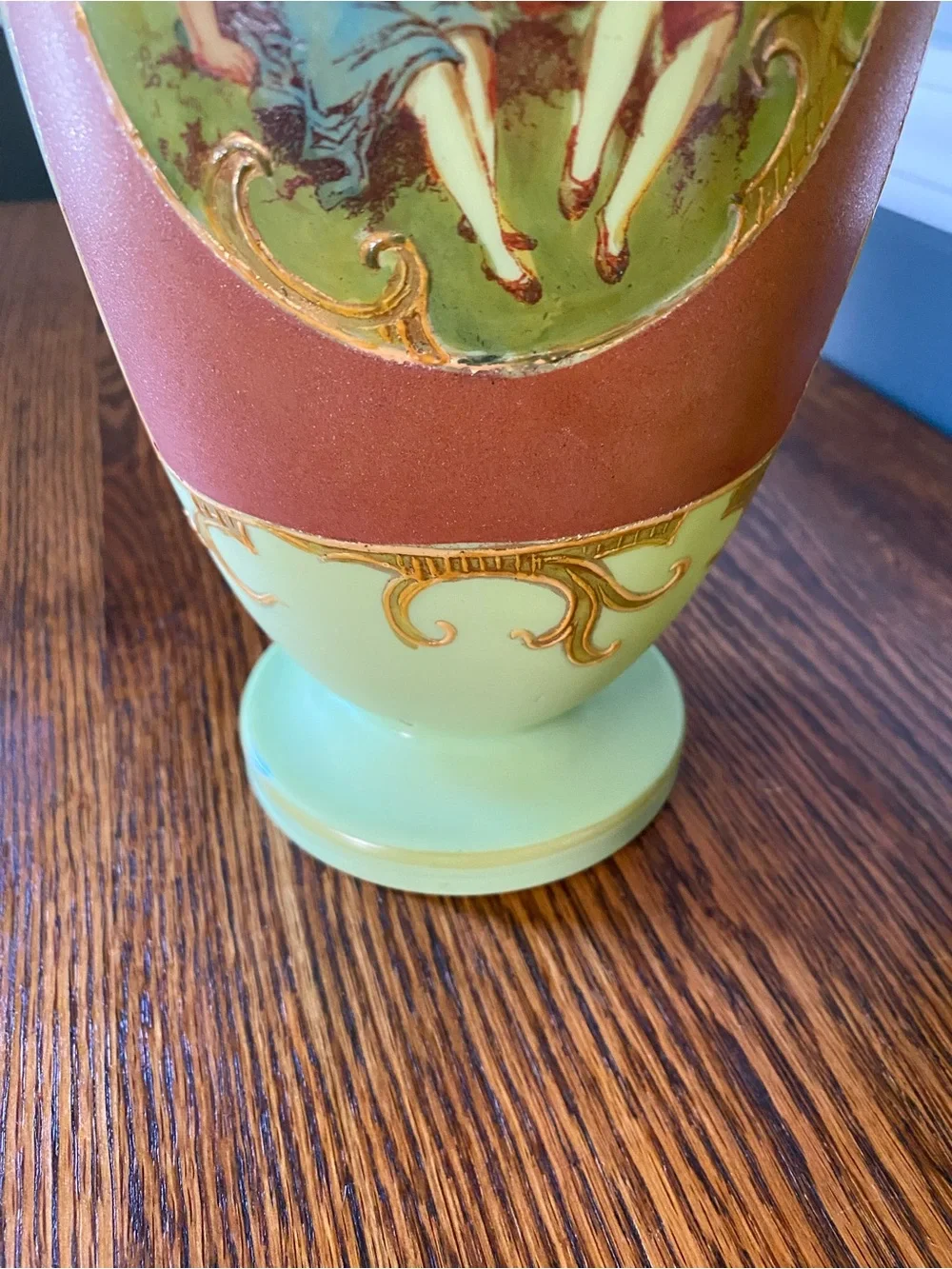 Early 20th Century French Mint Green Art Glass Vases Hand Painted Raised Gilt